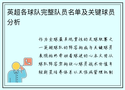 英超各球队完整队员名单及关键球员分析