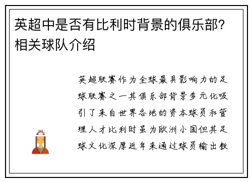 英超中是否有比利时背景的俱乐部？相关球队介绍